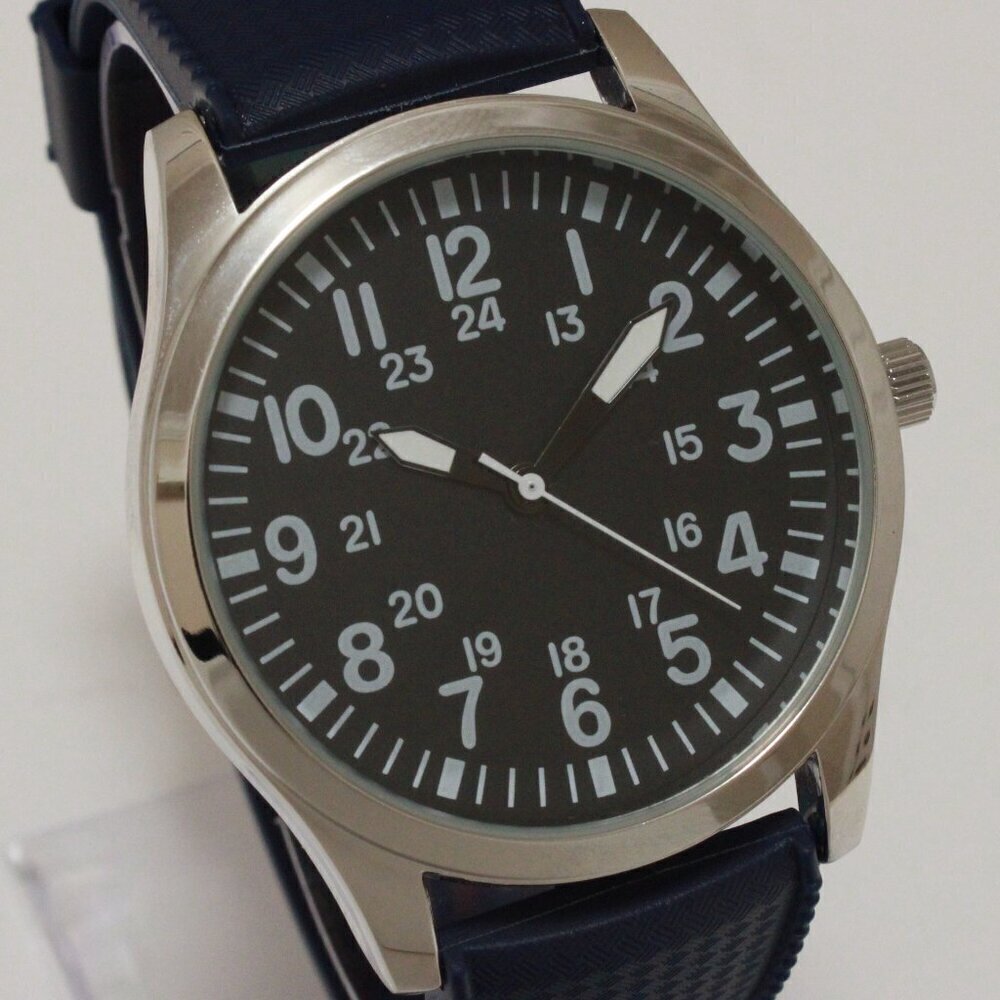 Men's Quartz Field Watch Silver Tone Case Blue Tropical Rubber Strap 42mm - Picture 8 of 12